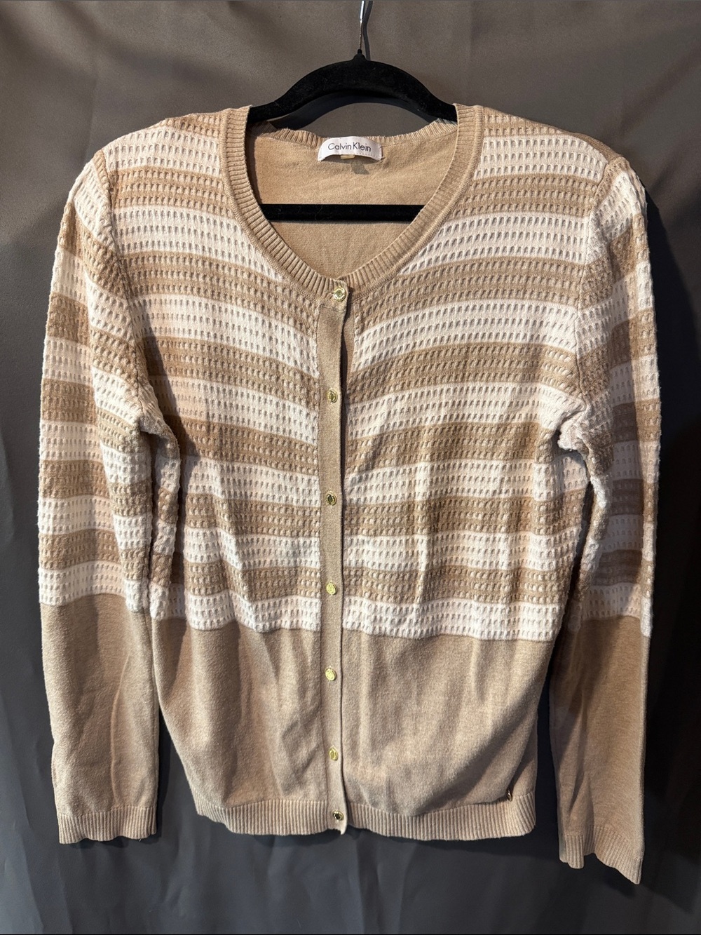 Calvin Klein Beige and White Striped Button-Front Cardigan